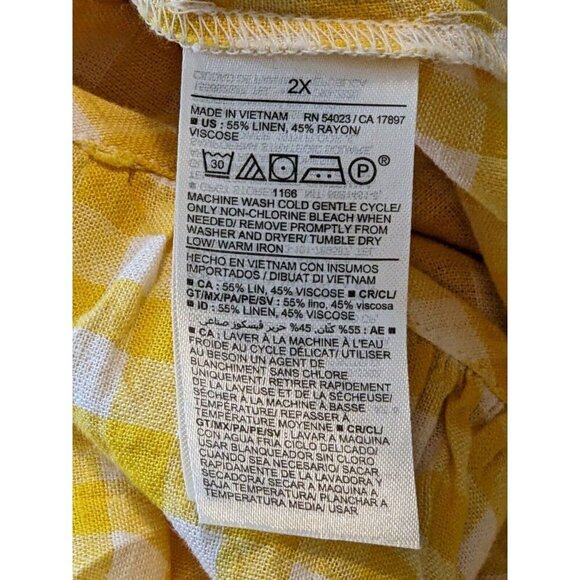 Old Navy Linen Blend Top Blouse Womens Plus 2X Yellow Gingham Tie Back Peasant - Picture 9 of 10
